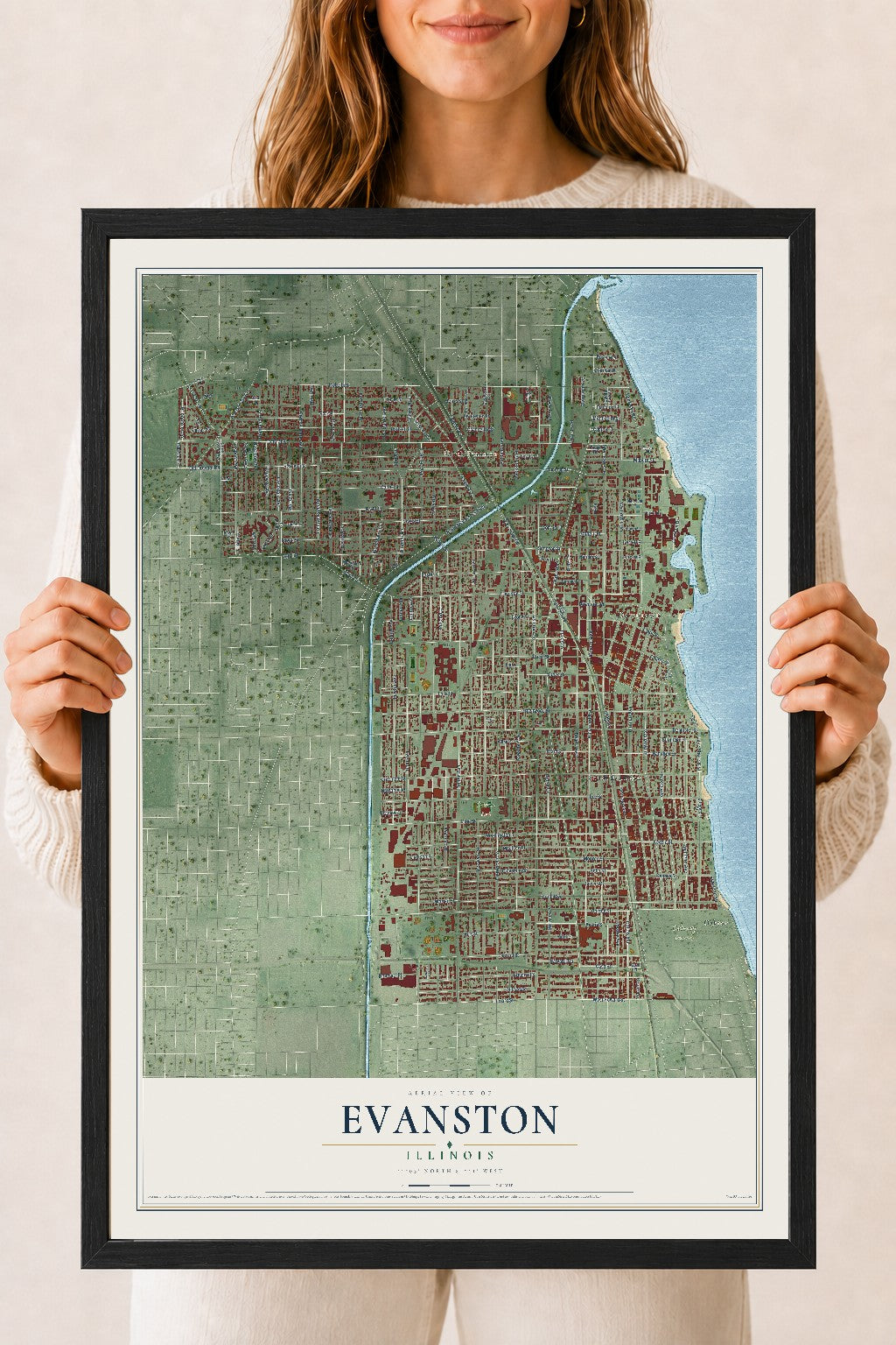Map of Evanston, Illinois, 18 x 24 inch print in a black wood frame
