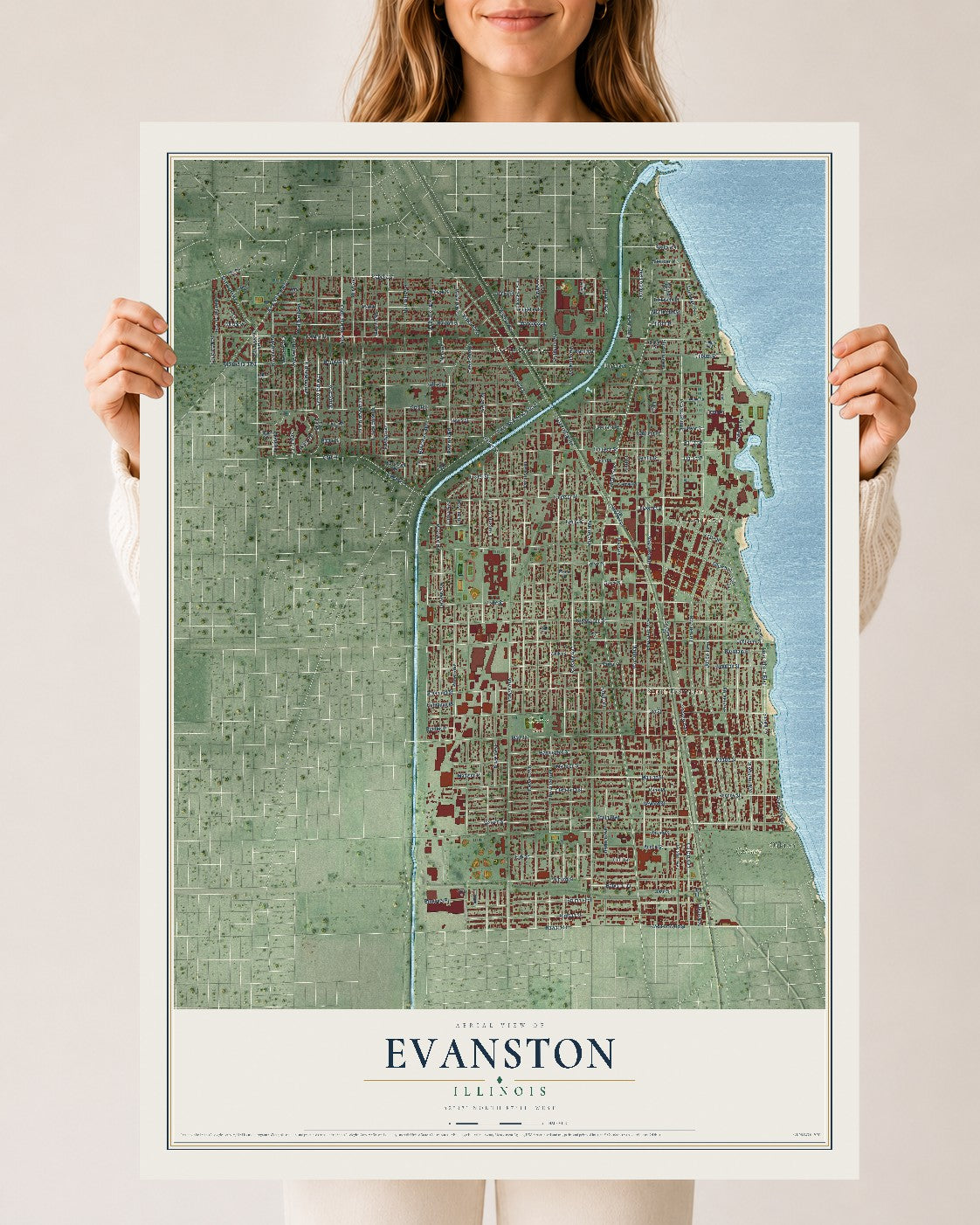 Map of Evanston, Illinois, 24 x 36 inch unframed archival matte print