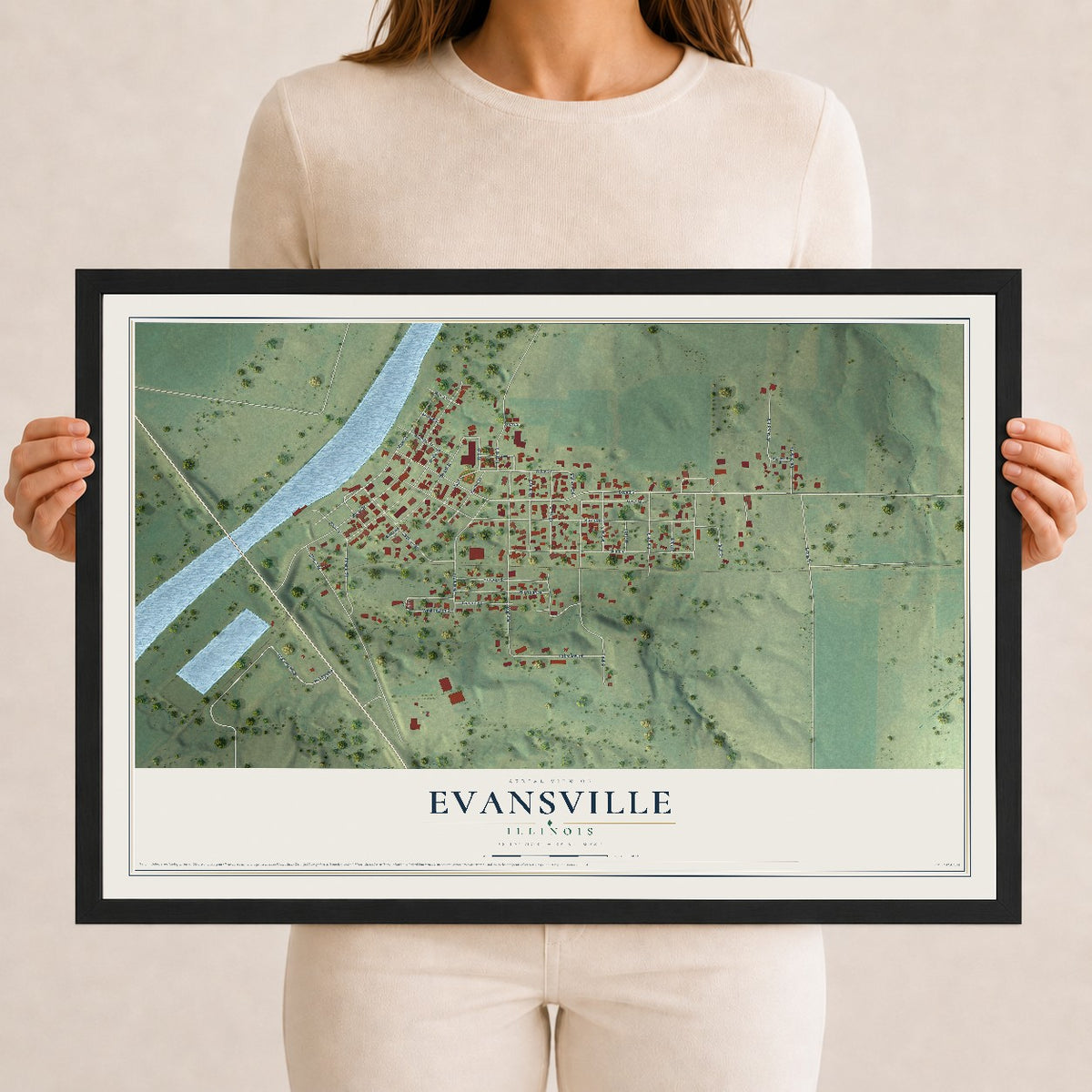Map of Evansville, Illinois, 12 x 18 inch print in a black wood frame