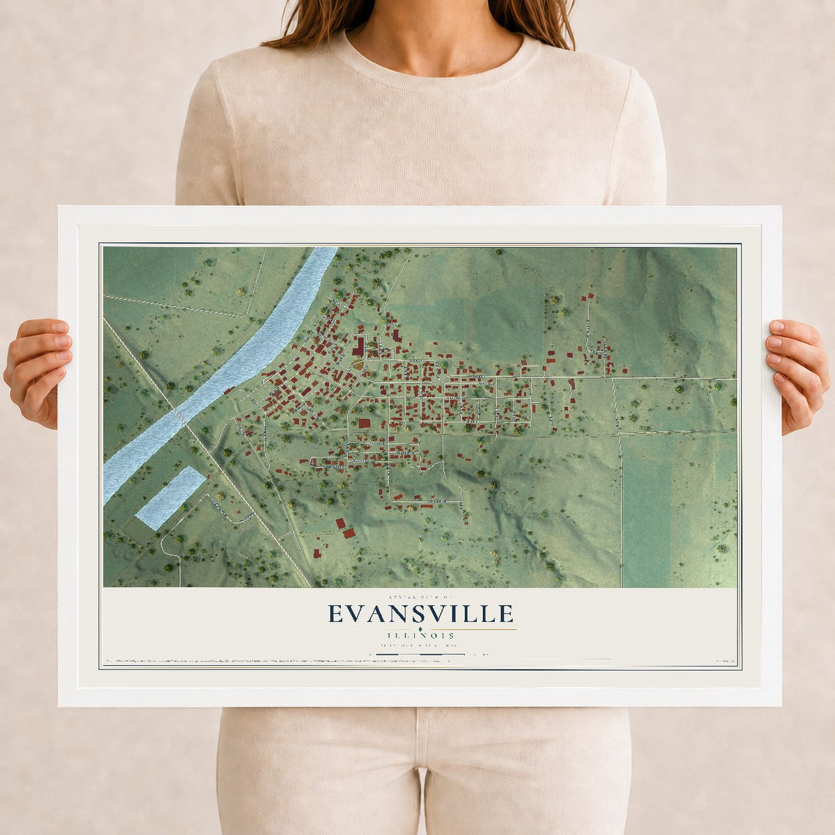 Map of Evansville, Illinois, 12 x 18 inch print in a white wood frame