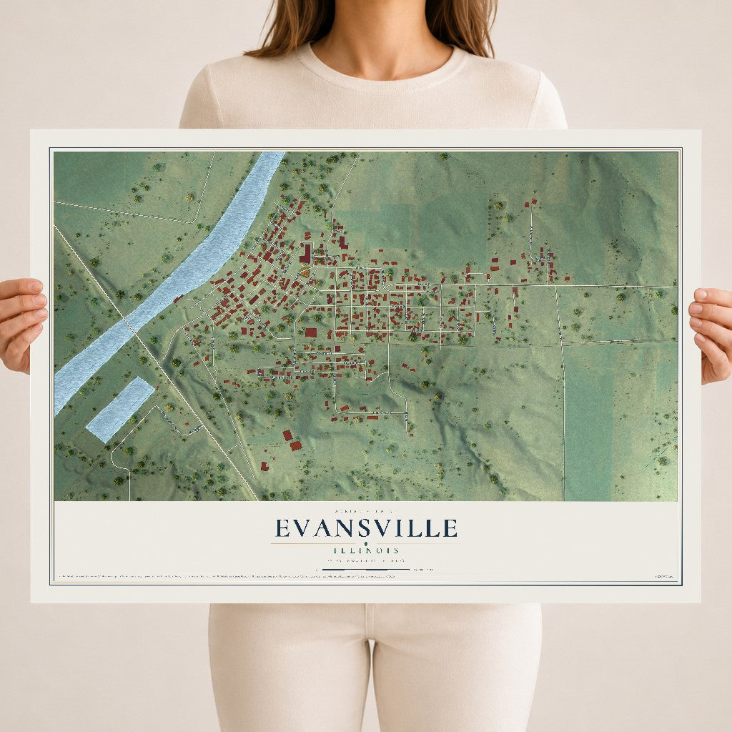 Map of Evansville, Illinois, 18 x 24 inch unframed archival matte print