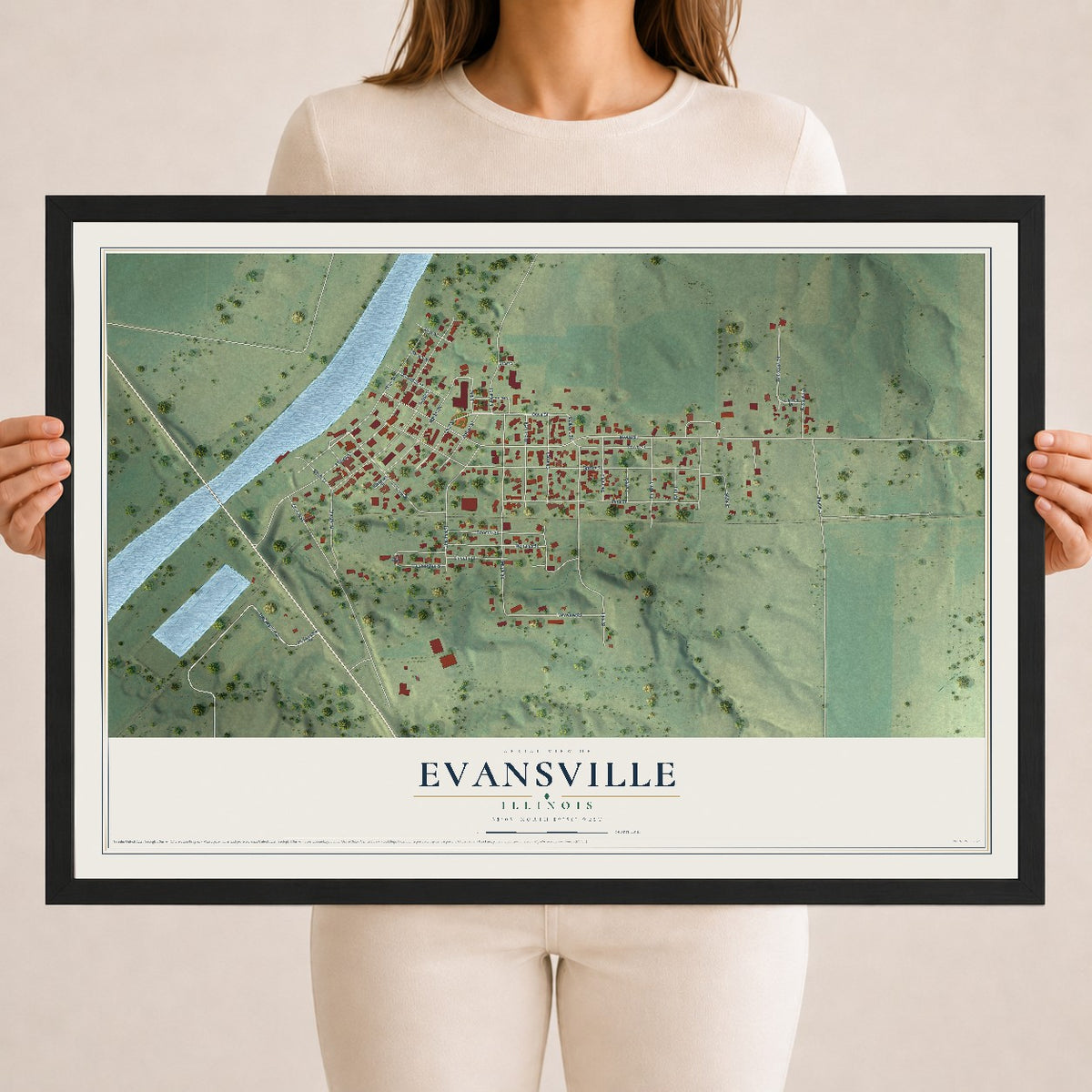 Map of Evansville, Illinois, 18 x 24 inch print in a black wood frame