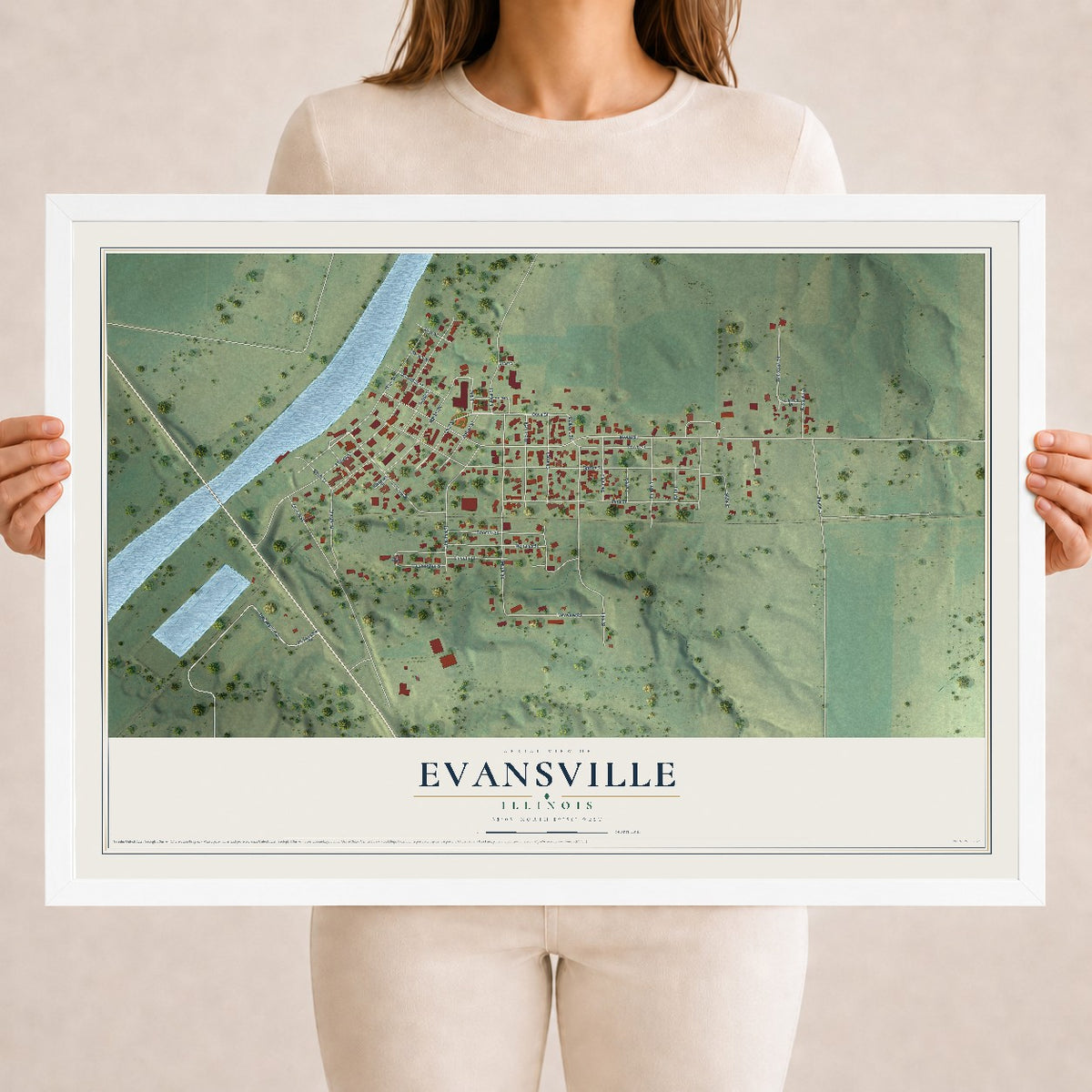 Map of Evansville, Illinois, 18 x 24 inch print in a white wood frame