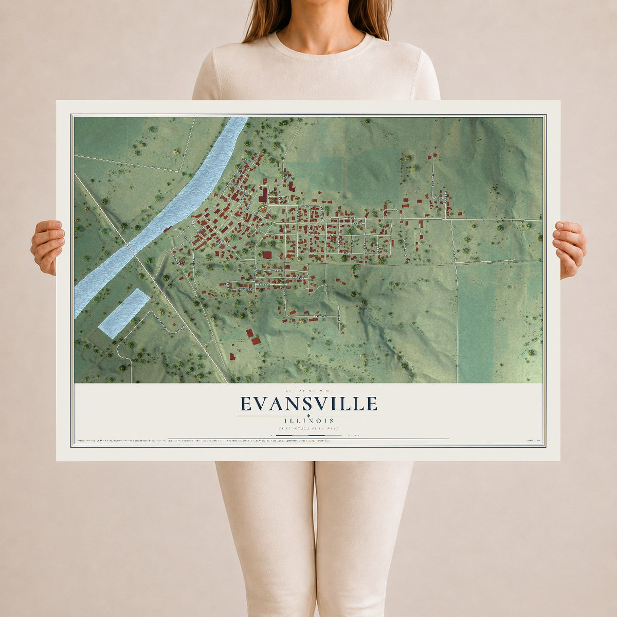 Map of Evansville, Illinois, 24 x 36 inch unframed archival matte print