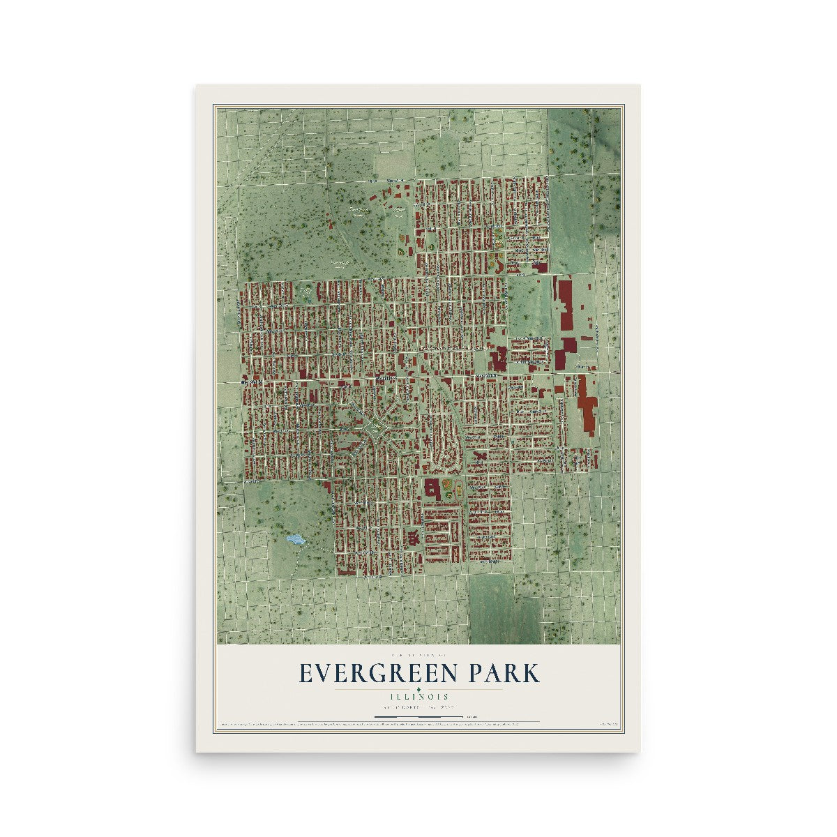 Map of Evergreen Park, Illinois, 12 x 18 inch unframed archival matte print