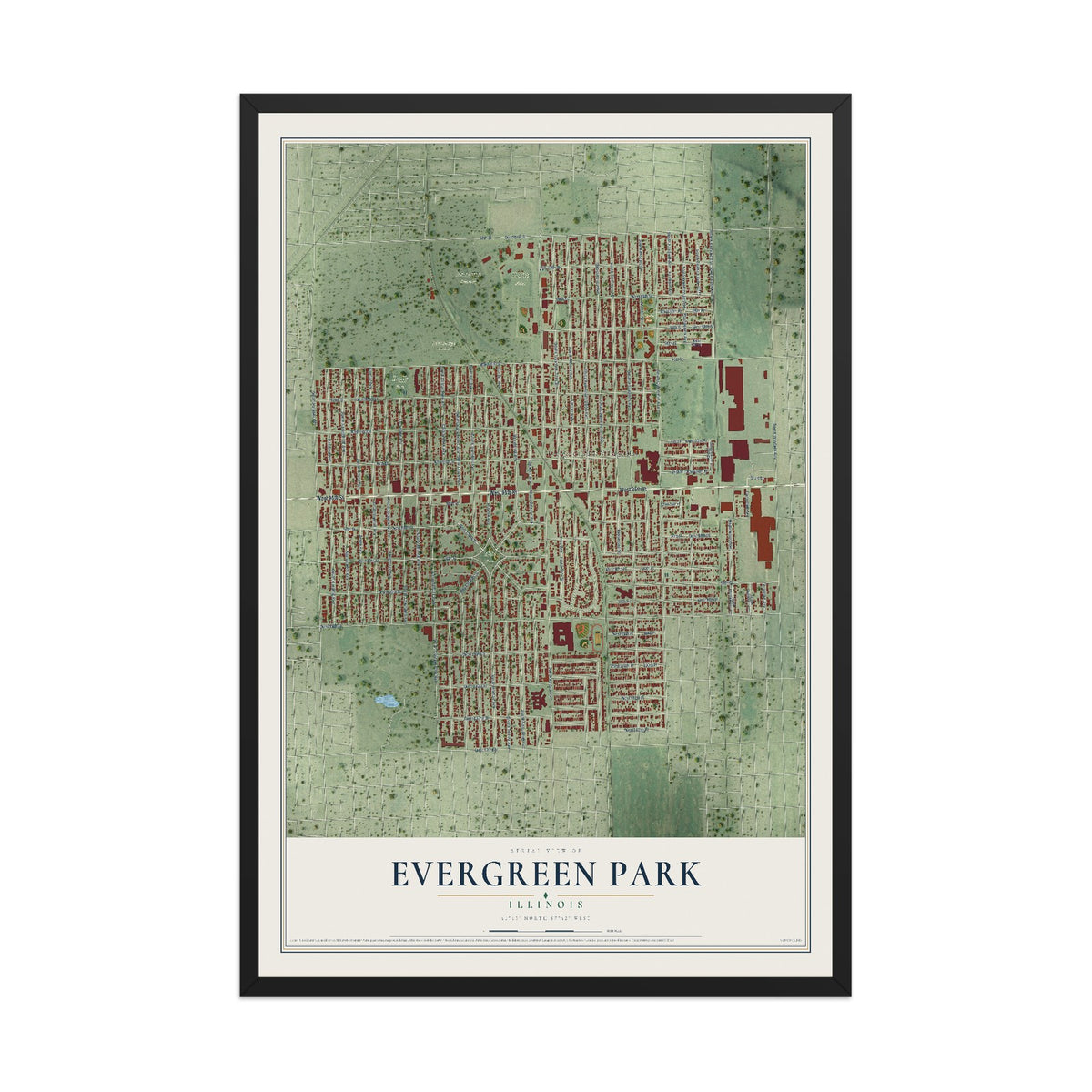 Map of Evergreen Park, Illinois, 12 x 18 inch print in a black wood frame