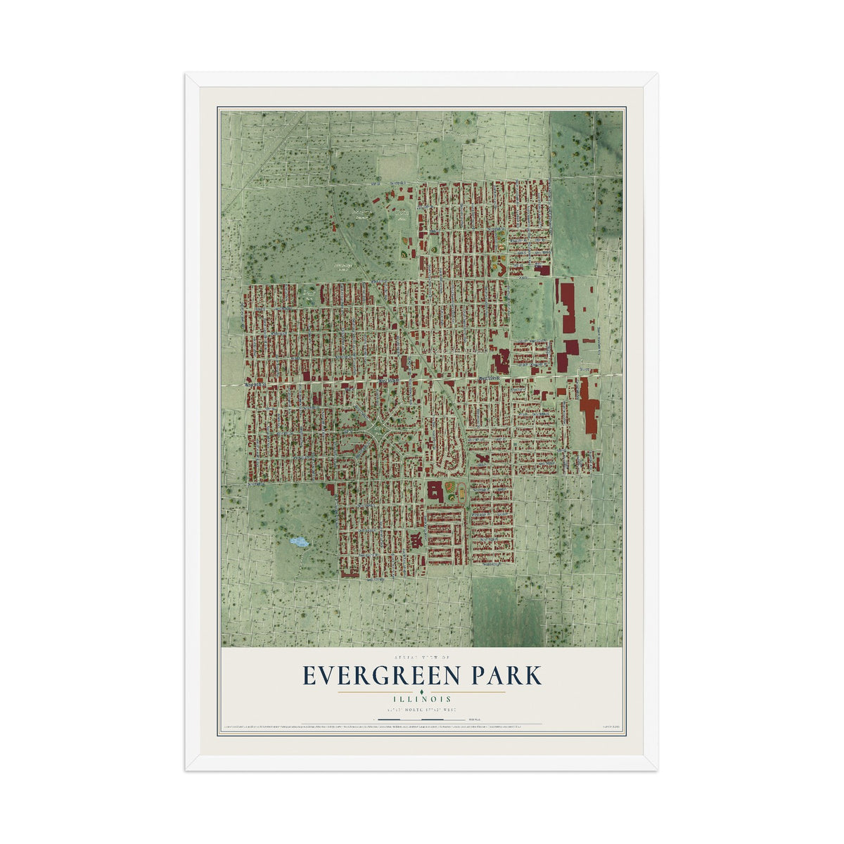 Map of Evergreen Park, Illinois, 12 x 18 inch print in a white wood frame