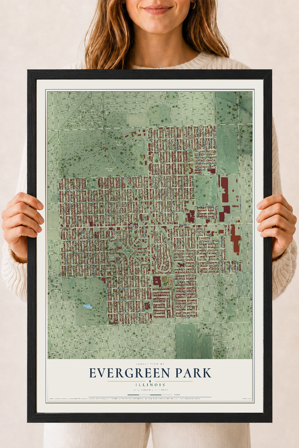 Map of Evergreen Park, Illinois, 18 x 24 inch print in a black wood frame