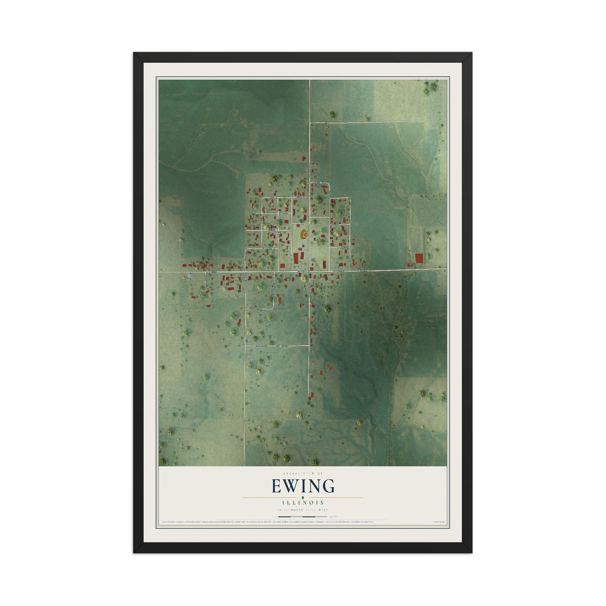 Map of Ewing, Illinois, 12 x 18 inch print in a black wood frame