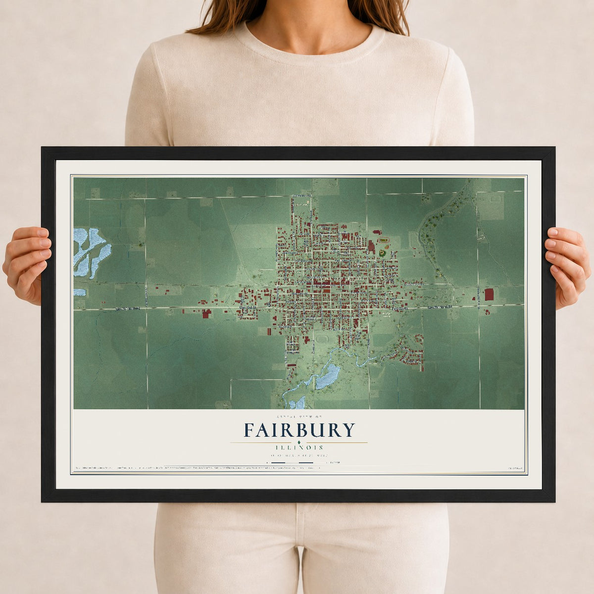 Map of Fairbury, Illinois, 12 x 18 inch print in a black wood frame