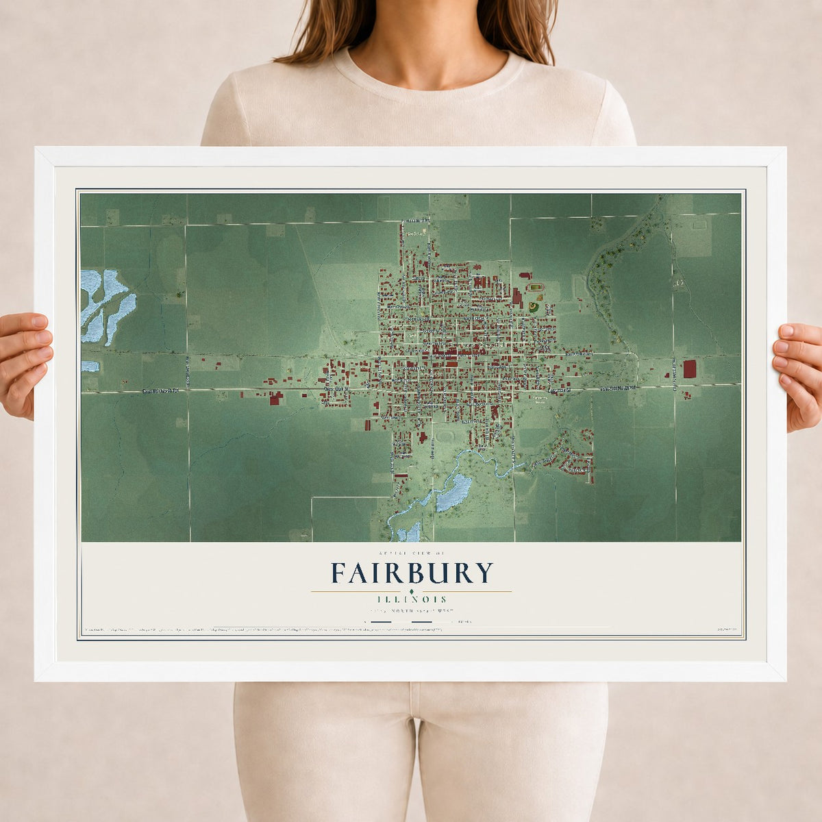 Map of Fairbury, Illinois, 18 x 24 inch print in a white wood frame