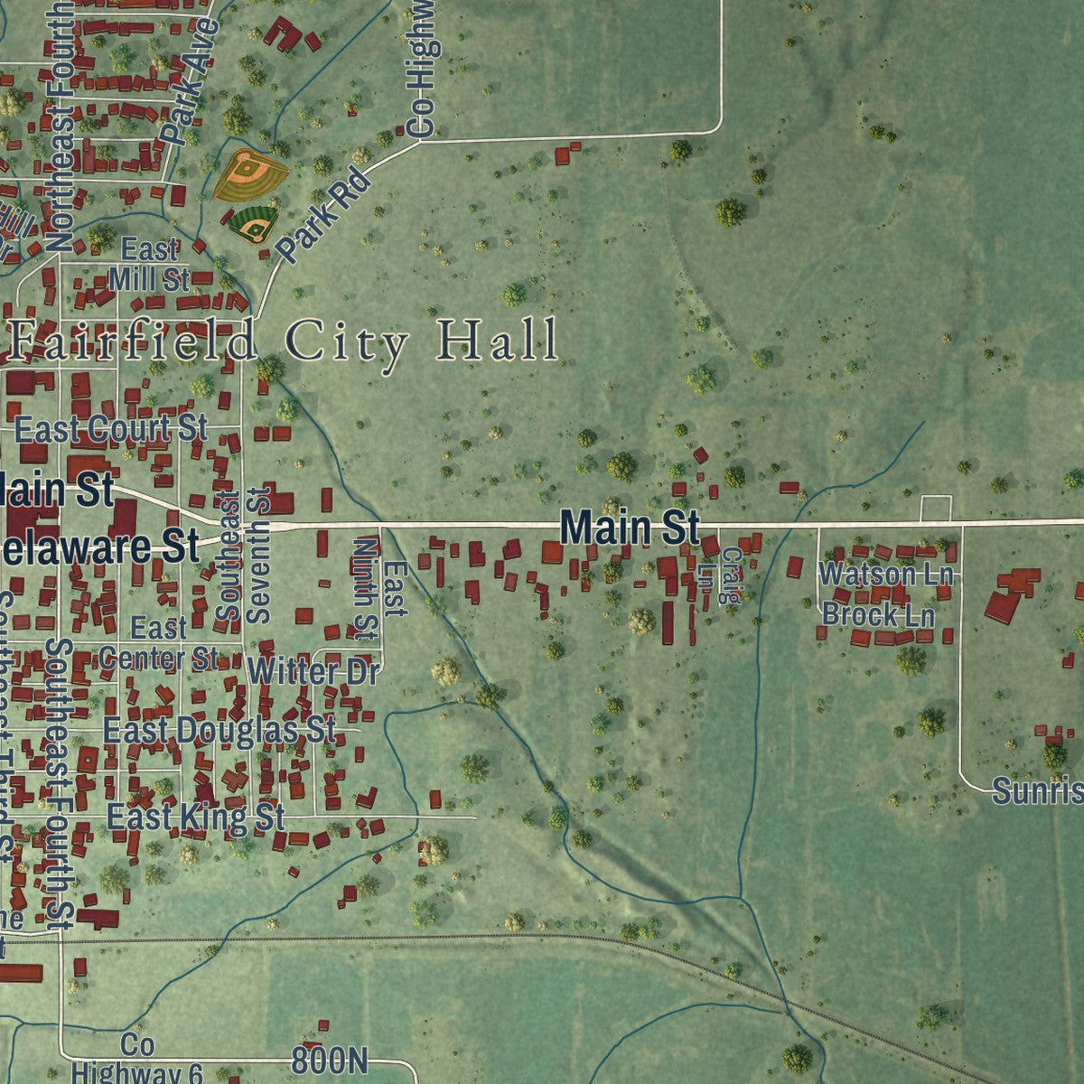 Second close-up of the map of Fairfield, Illinois print showing more streets and buildings