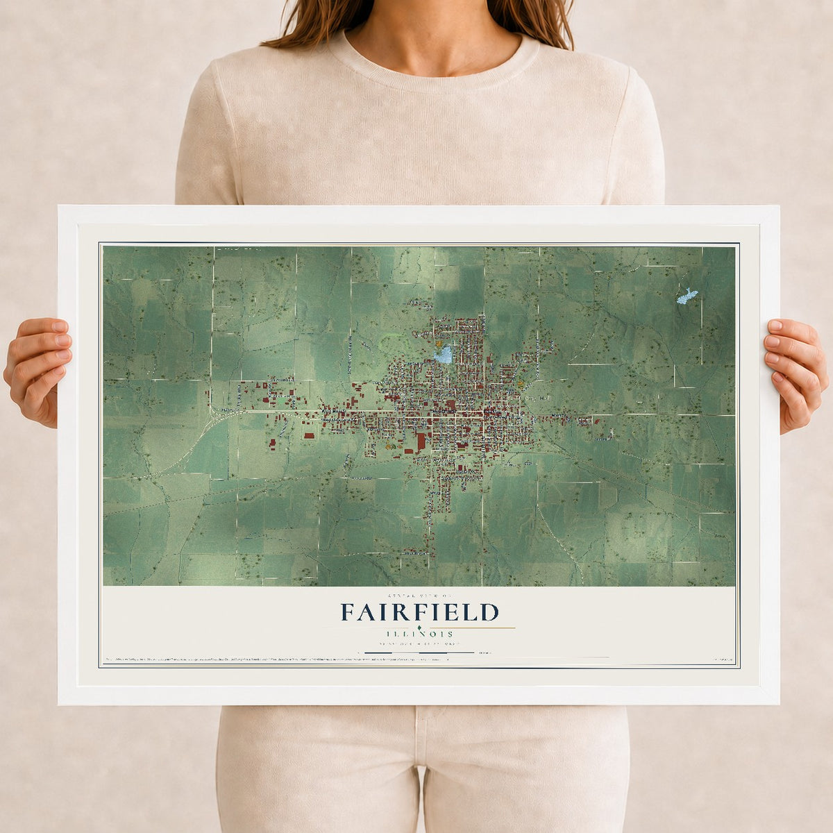 Map of Fairfield, Illinois, 12 x 18 inch print in a white wood frame
