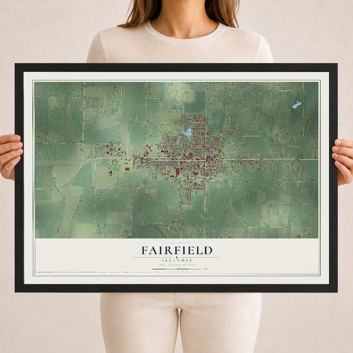 Map of Fairfield, Illinois, 18 x 24 inch print in a black wood frame