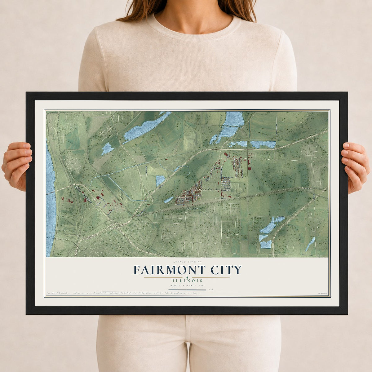 Map of Fairmont City, Illinois, 12 x 18 inch print in a black wood frame