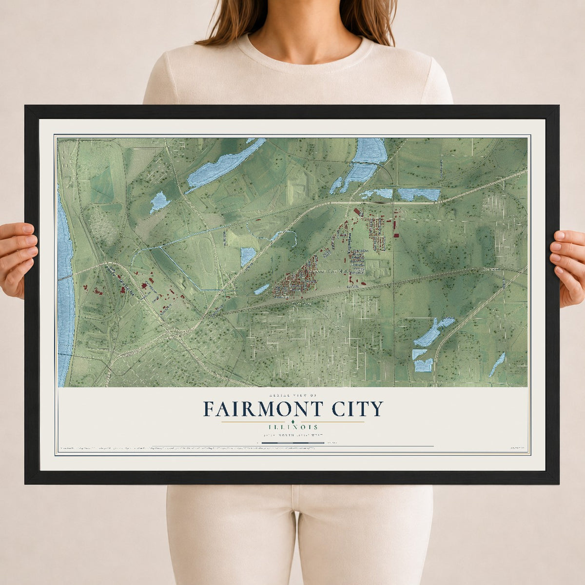 Map of Fairmont City, Illinois, 18 x 24 inch print in a black wood frame