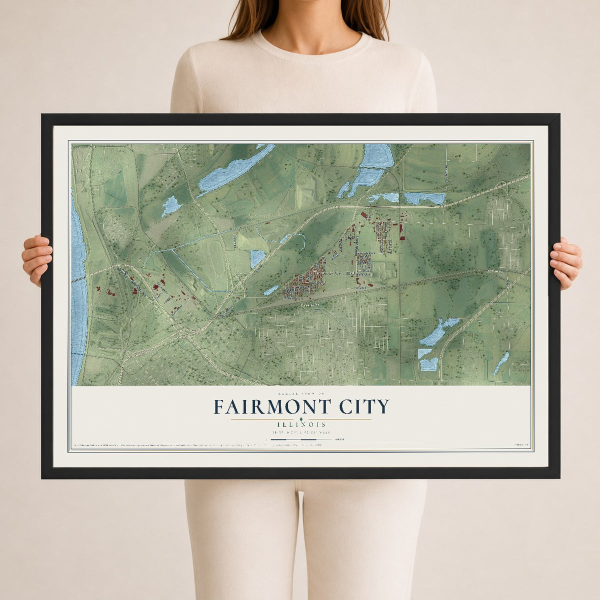 Map of Fairmont City, Illinois, 24 x 36 inch print in a black wood frame
