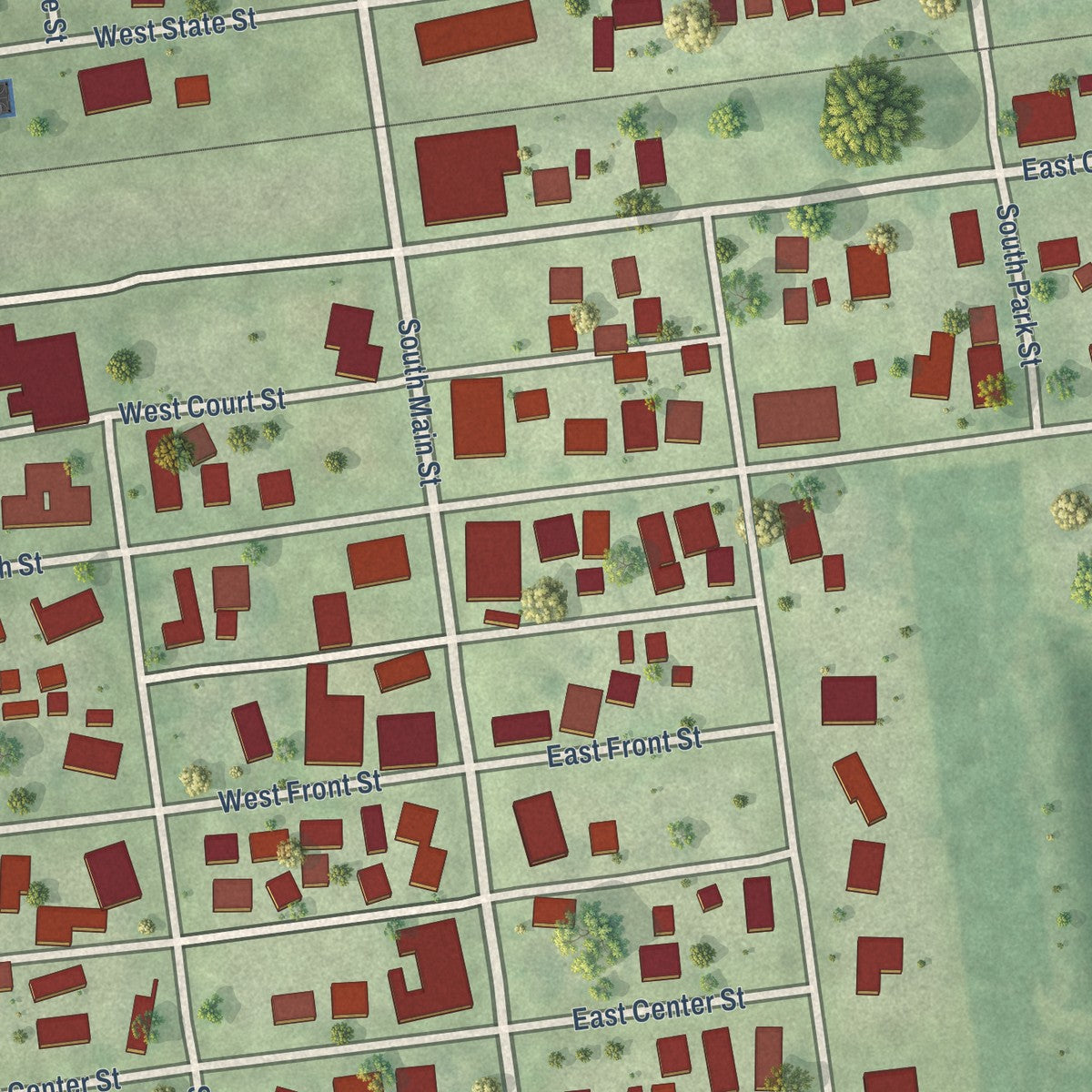 Close-up of the map of Fairmount, Illinois print showing street and building detail