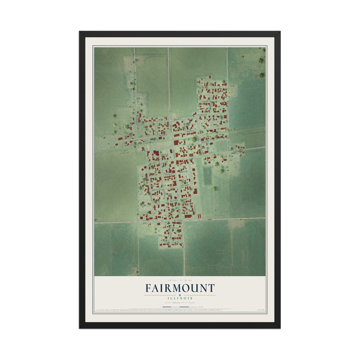 Map of Fairmount, Illinois, 12 x 18 inch print in a black wood frame