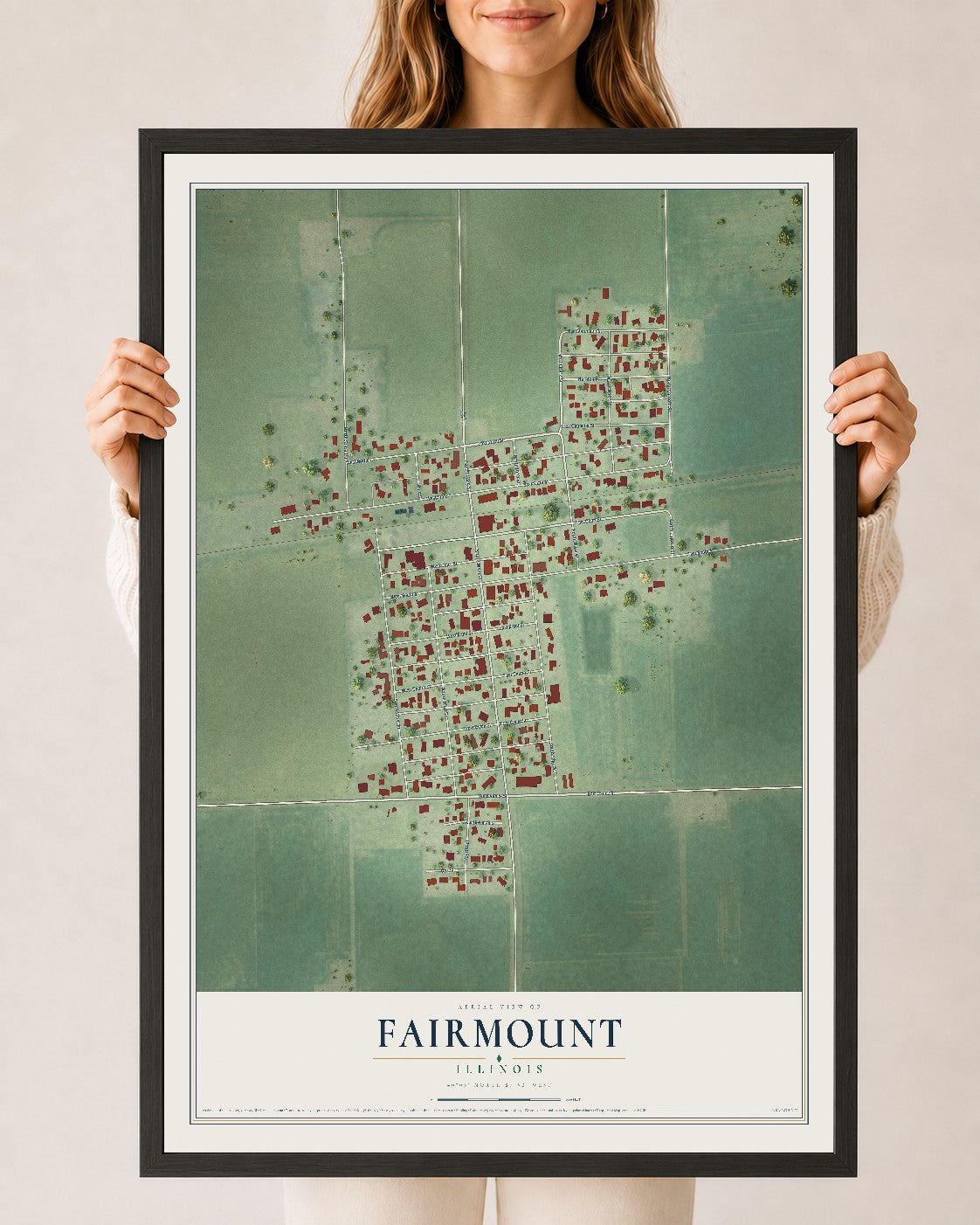 Map of Fairmount, Illinois, 24 x 36 inch print in a black wood frame