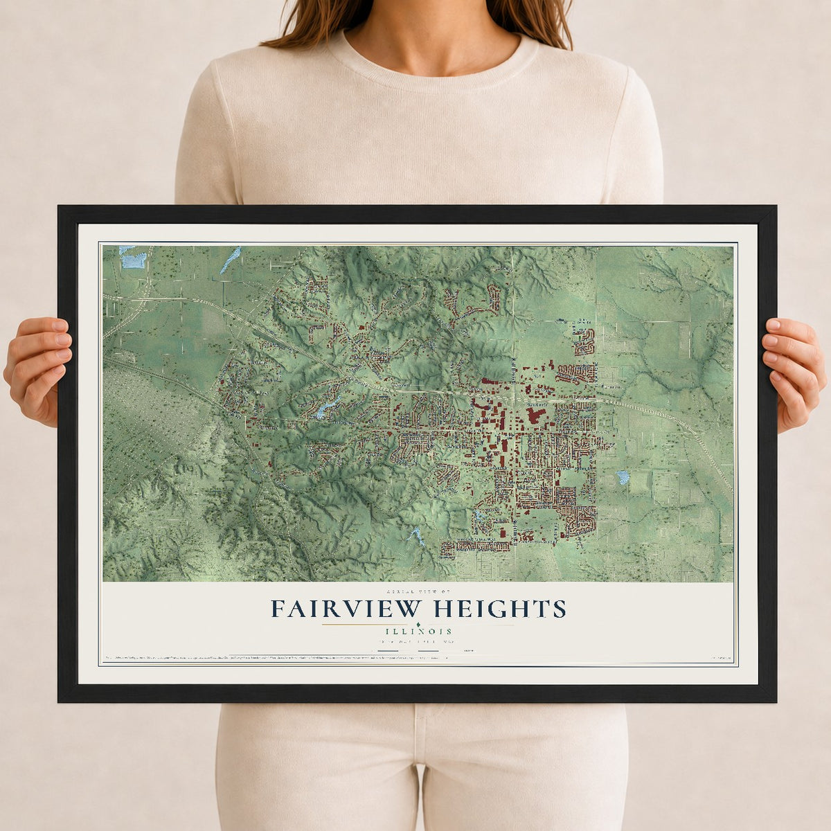 Map of Fairview Heights, Illinois, 12 x 18 inch print in a black wood frame
