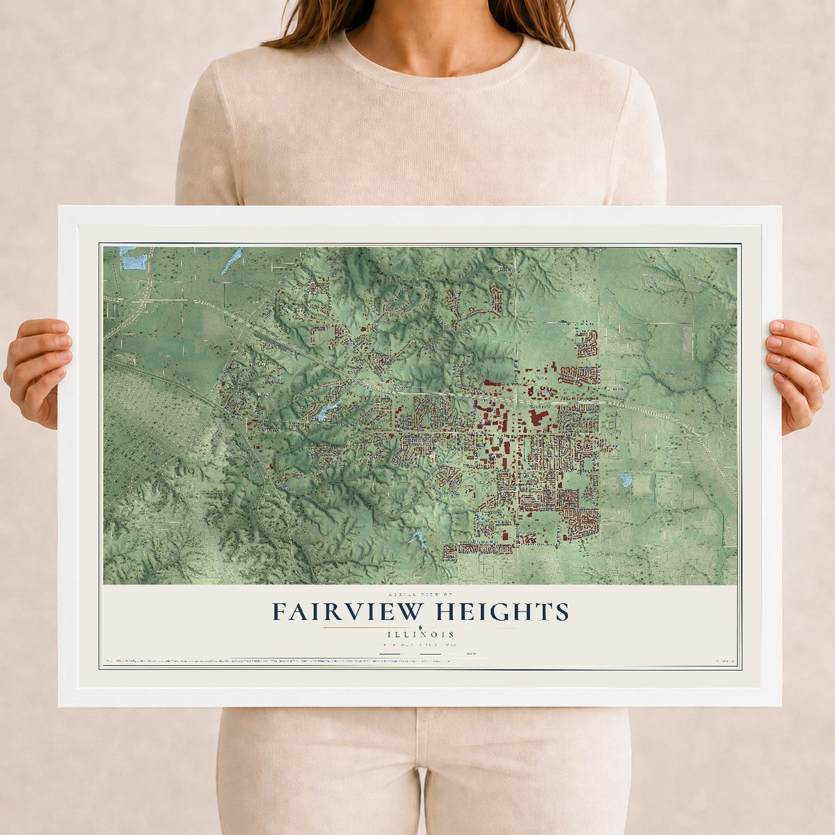 Map of Fairview Heights, Illinois, 12 x 18 inch print in a white wood frame