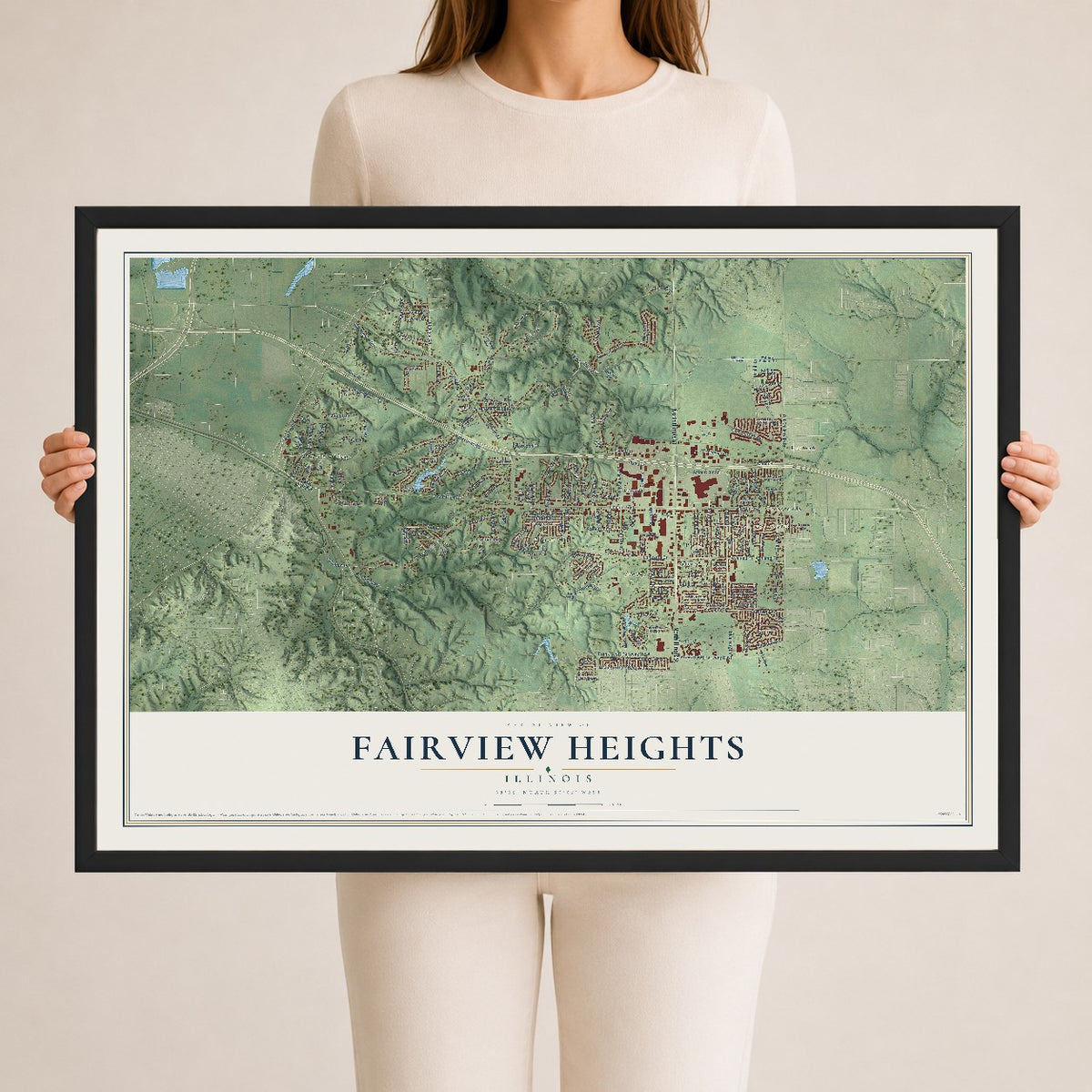 Map of Fairview Heights, Illinois, 24 x 36 inch print in a black wood frame