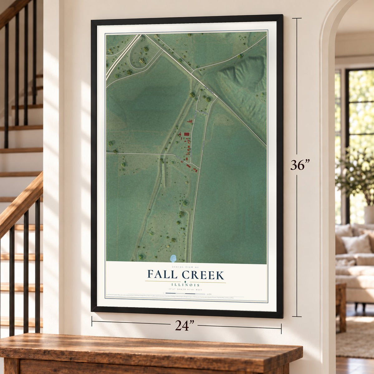Fall Creek, Illinois map, 24 x 36 inch print in a black frame by a staircase