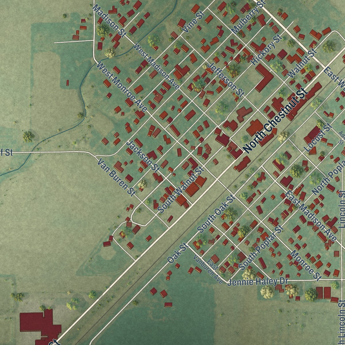 Close-up of the map of Farina, Illinois print showing street and building detail