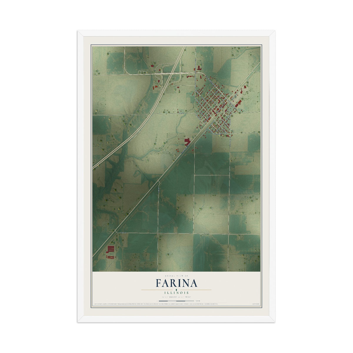 Map of Farina, Illinois, 12 x 18 inch print in a white wood frame