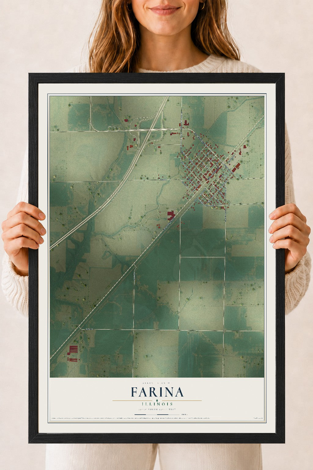Map of Farina, Illinois, 18 x 24 inch print in a black wood frame