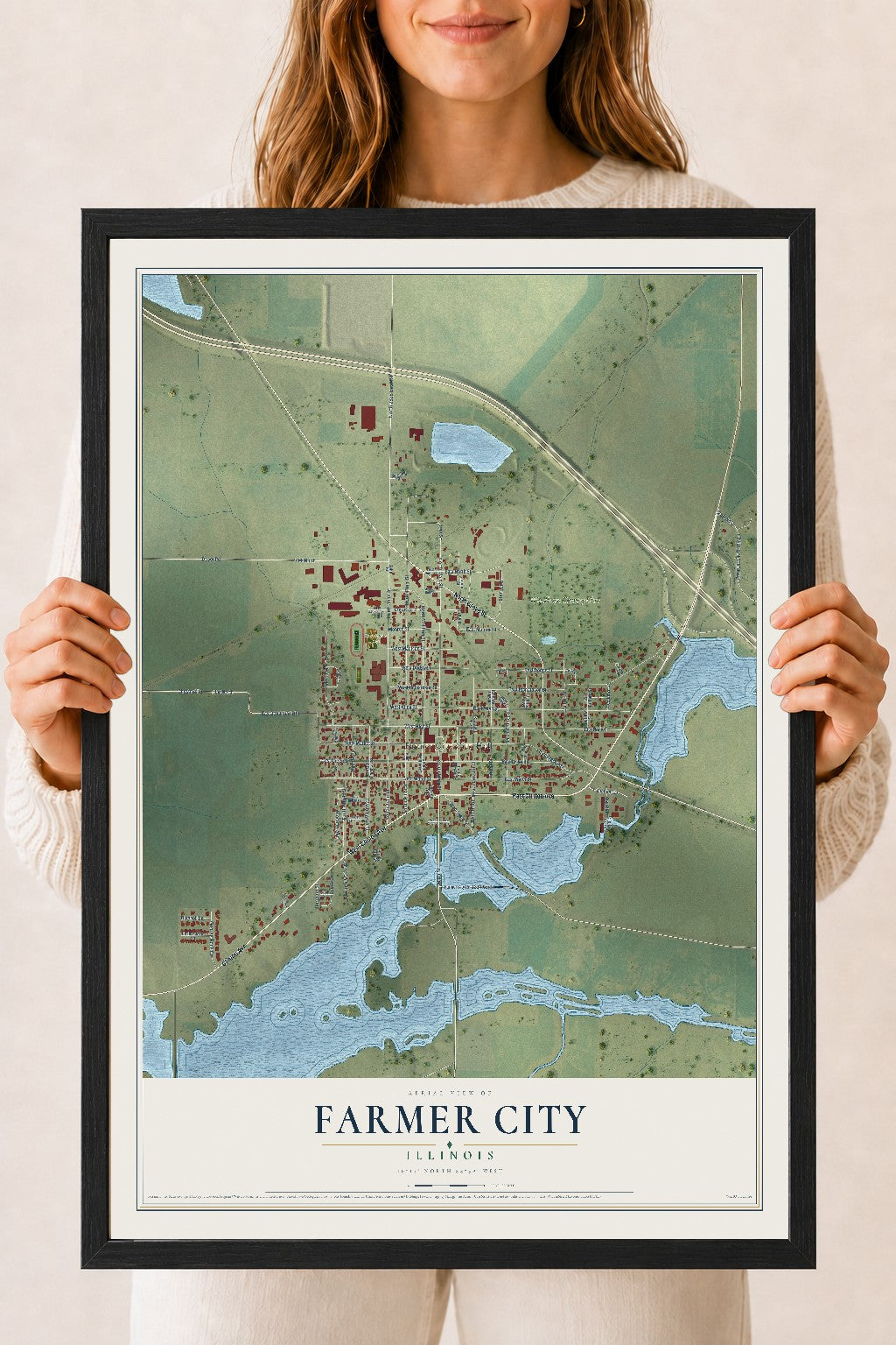 Map of Farmer City, Illinois, 18 x 24 inch print in a black wood frame
