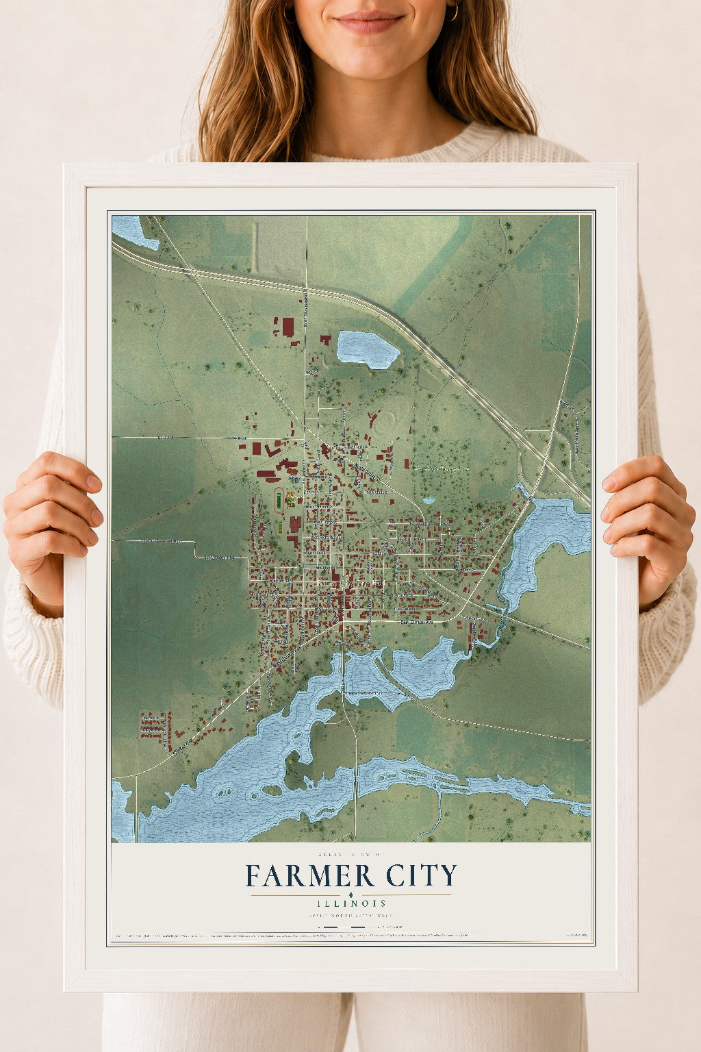 Map of Farmer City, Illinois, 18 x 24 inch print in a white wood frame