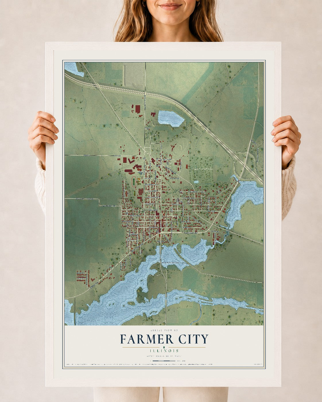 Map of Farmer City, Illinois, 24 x 36 inch print in a white wood frame