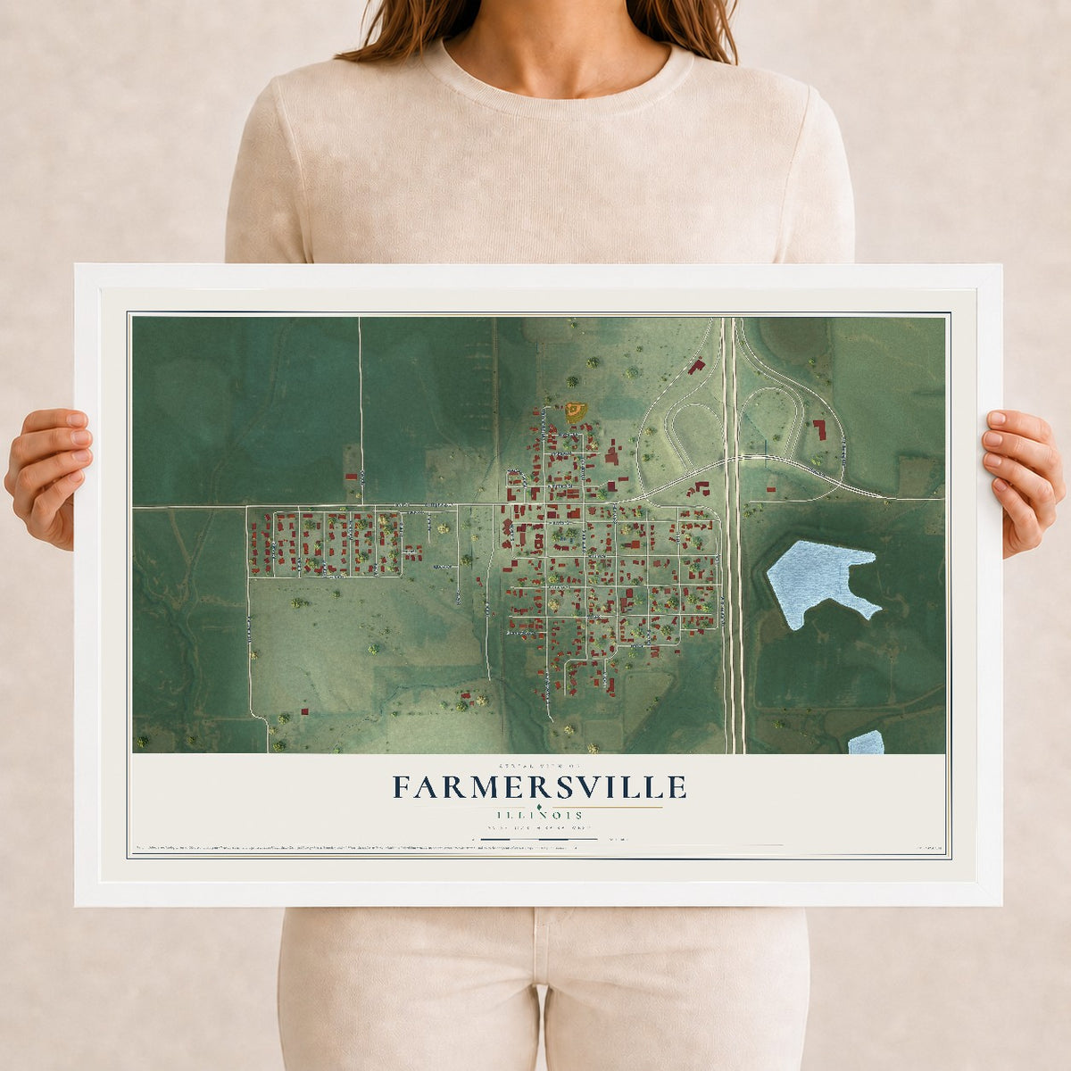 Map of Farmersville, Illinois, 12 x 18 inch print in a white wood frame