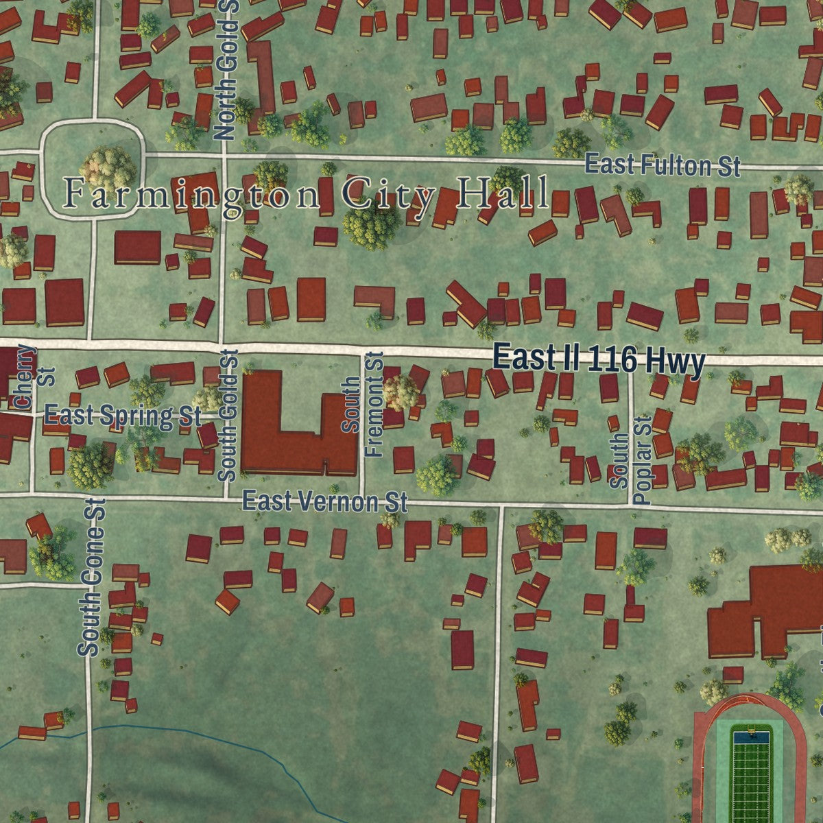Second close-up of the map of Farmington, Illinois print showing more streets and buildings
