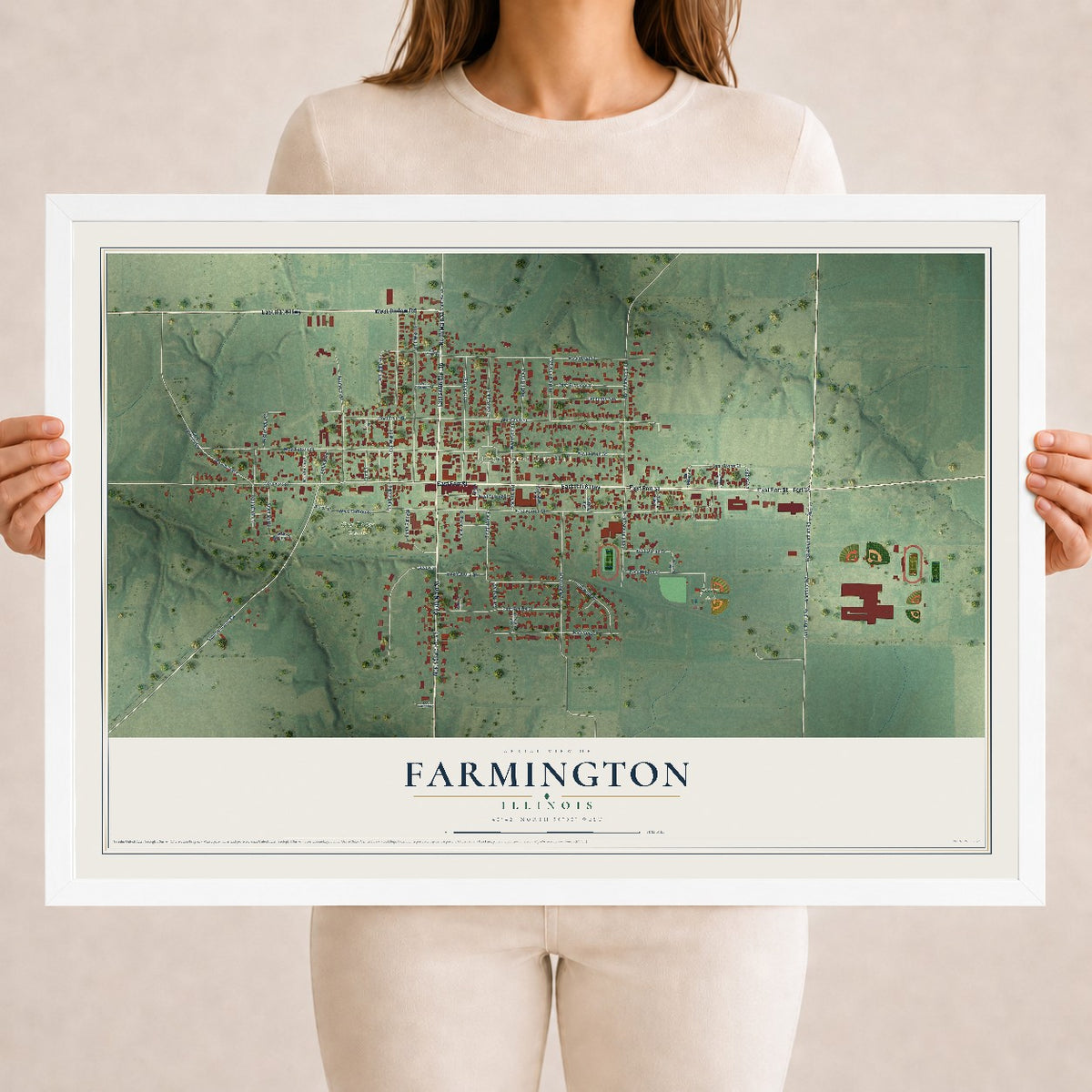 Map of Farmington, Illinois, 18 x 24 inch print in a white wood frame