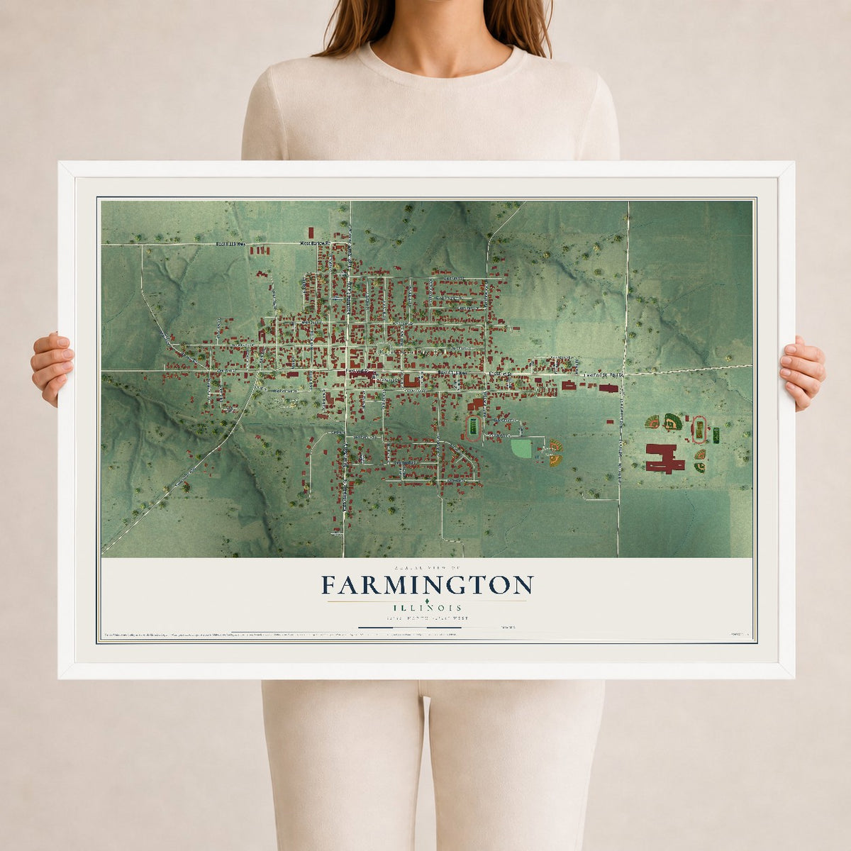Map of Farmington, Illinois, 24 x 36 inch print in a white wood frame