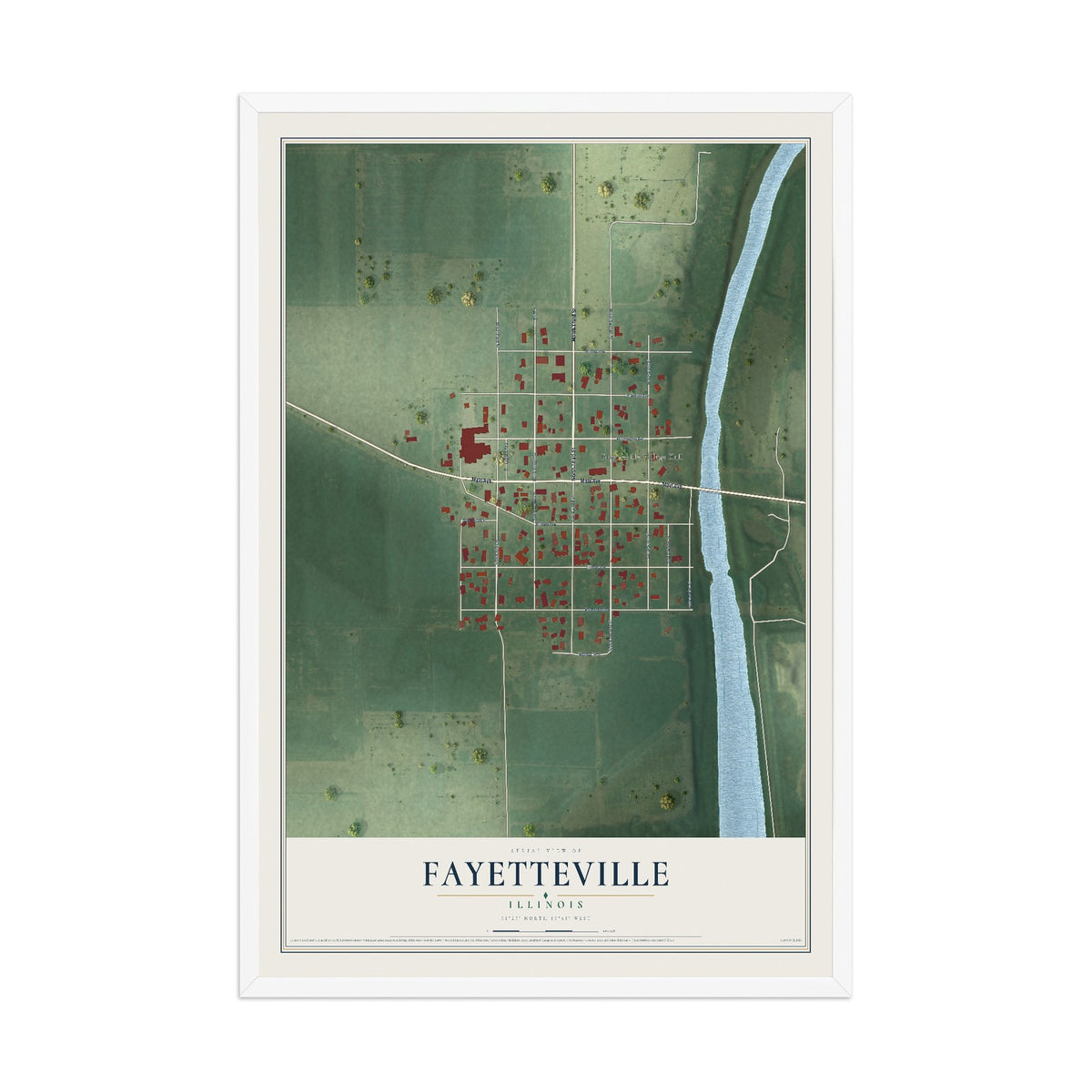Map of Fayetteville, Illinois, 12 x 18 inch print in a white wood frame