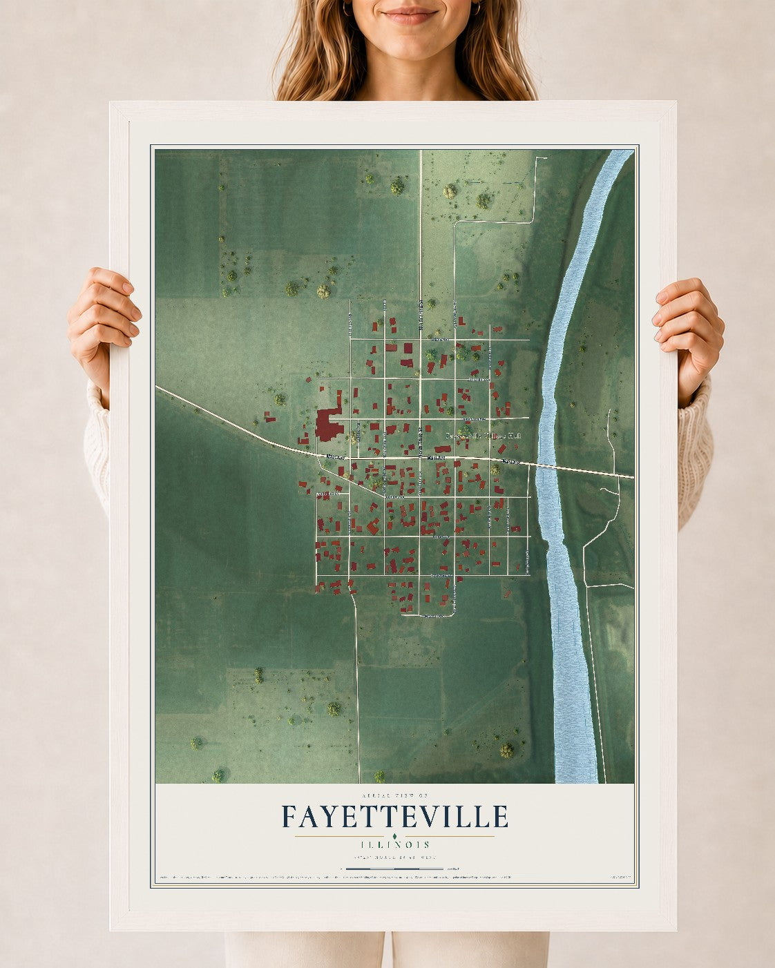 Map of Fayetteville, Illinois, 24 x 36 inch print in a white wood frame