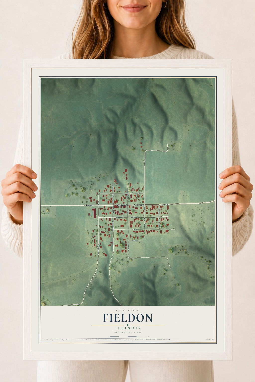 Map of Fieldon, Illinois, 18 x 24 inch print in a white wood frame