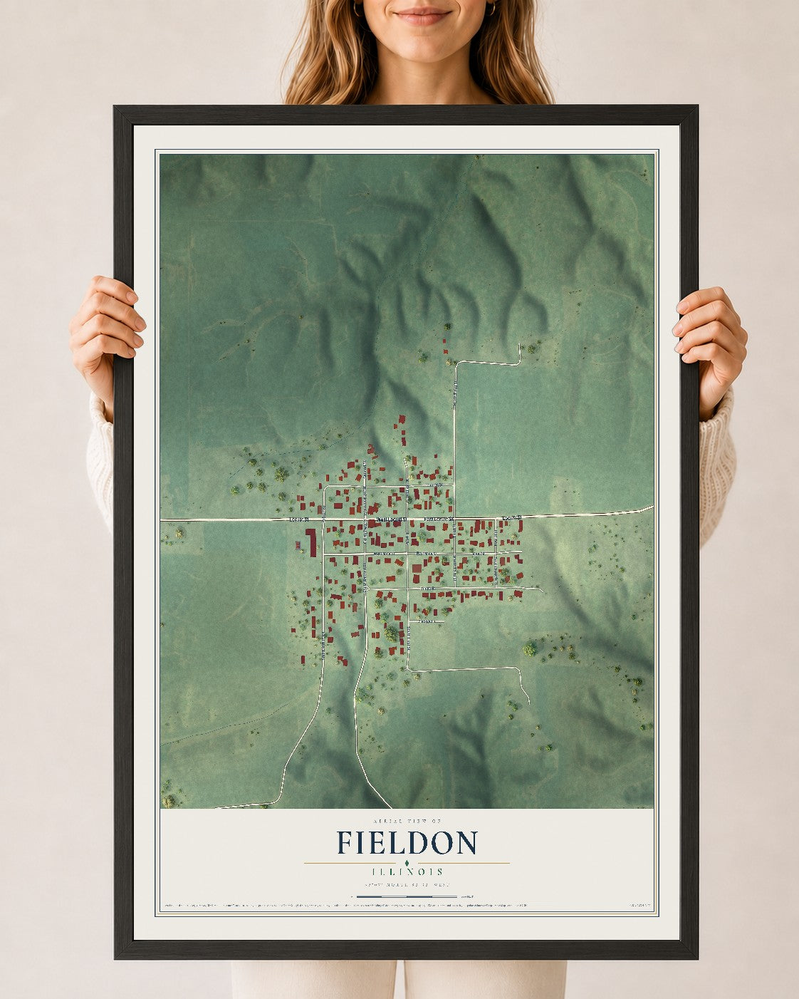 Map of Fieldon, Illinois, 24 x 36 inch print in a black wood frame