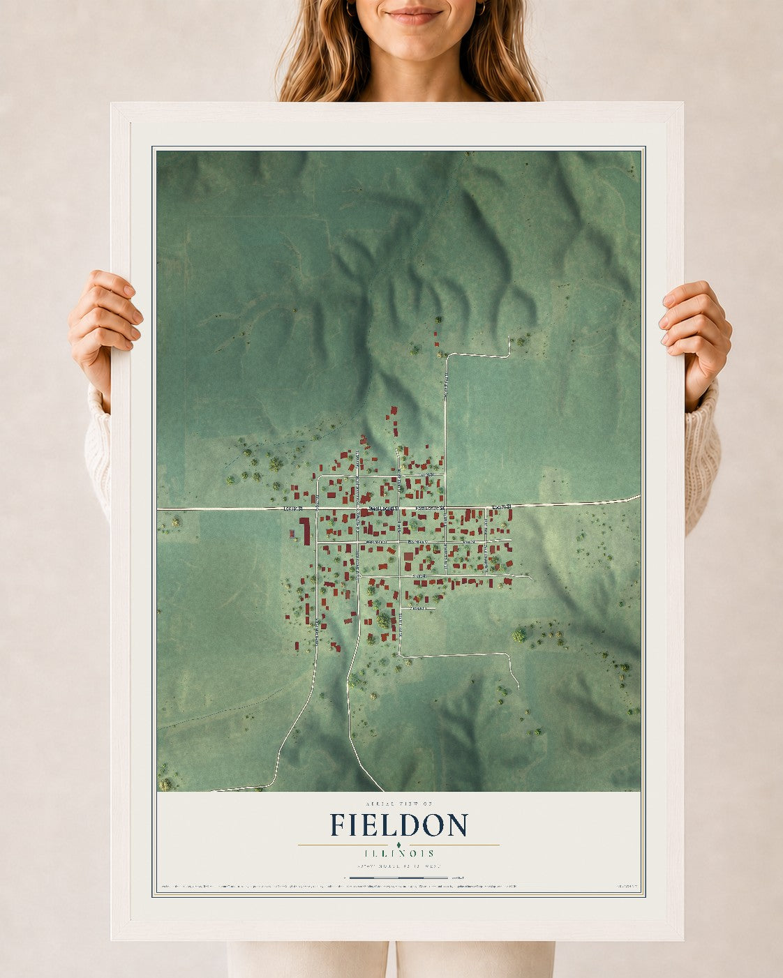 Map of Fieldon, Illinois, 24 x 36 inch print in a white wood frame
