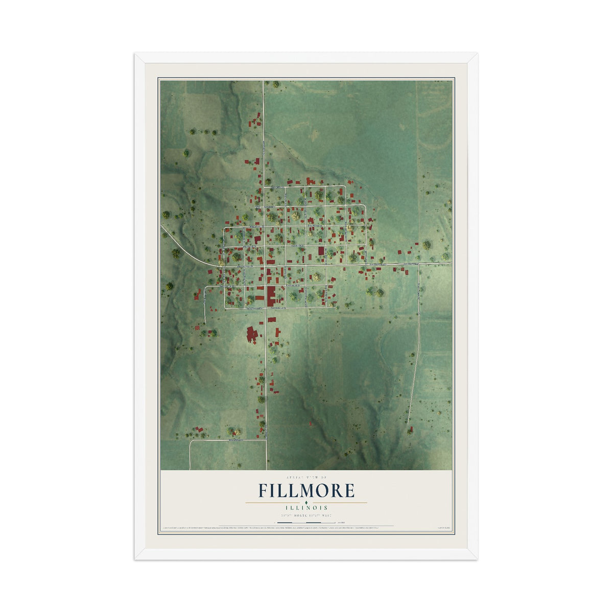 Map of Fillmore, Illinois, 12 x 18 inch print in a white wood frame