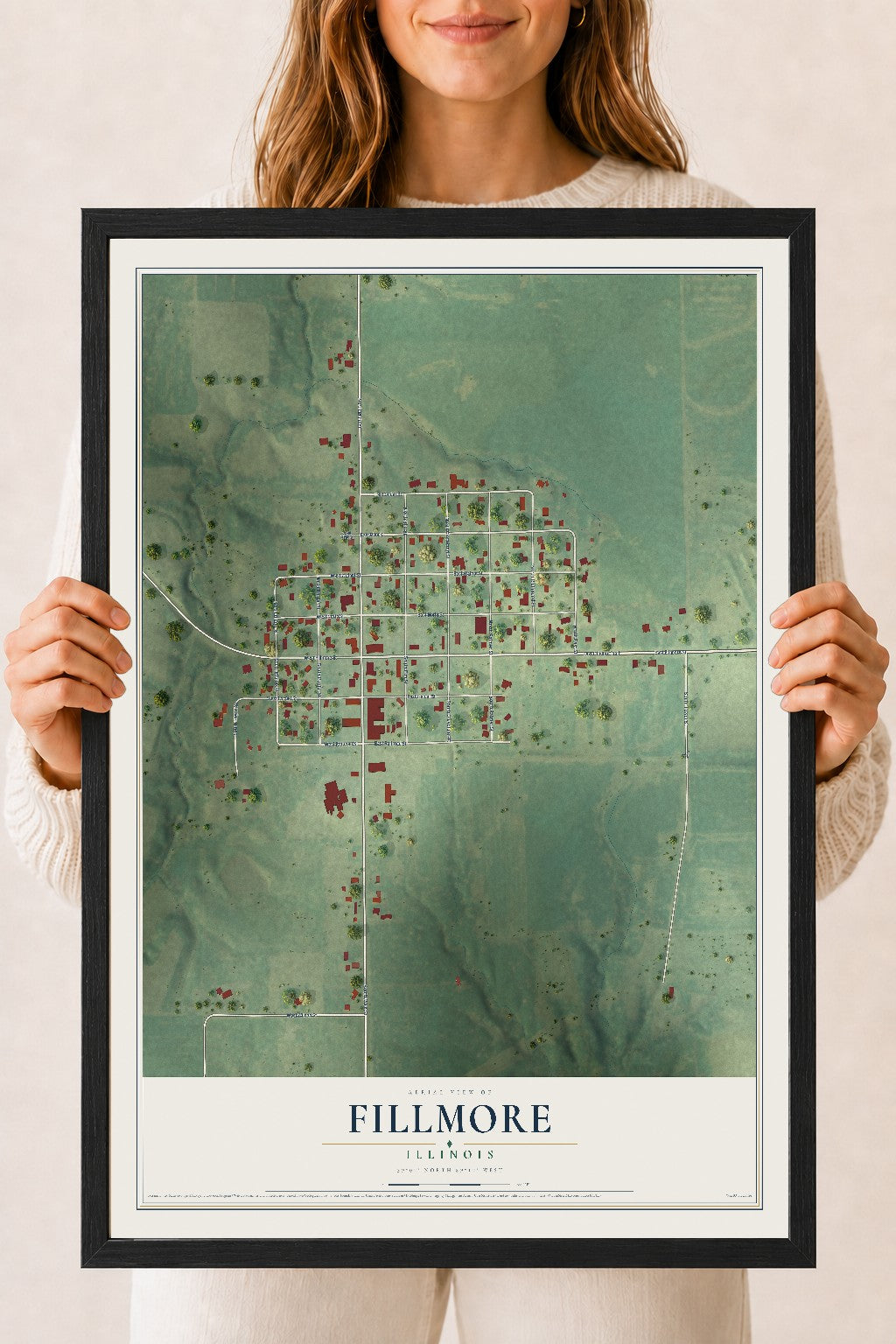 Map of Fillmore, Illinois, 18 x 24 inch print in a black wood frame