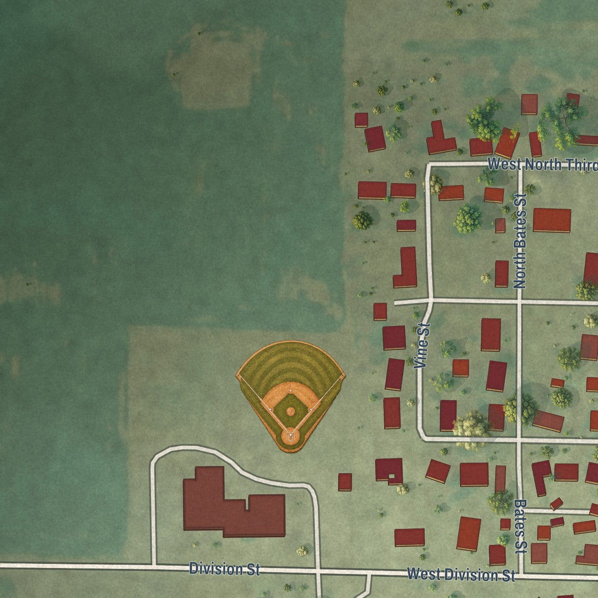 Second close-up of the map of Findlay, Illinois print showing more streets and buildings
