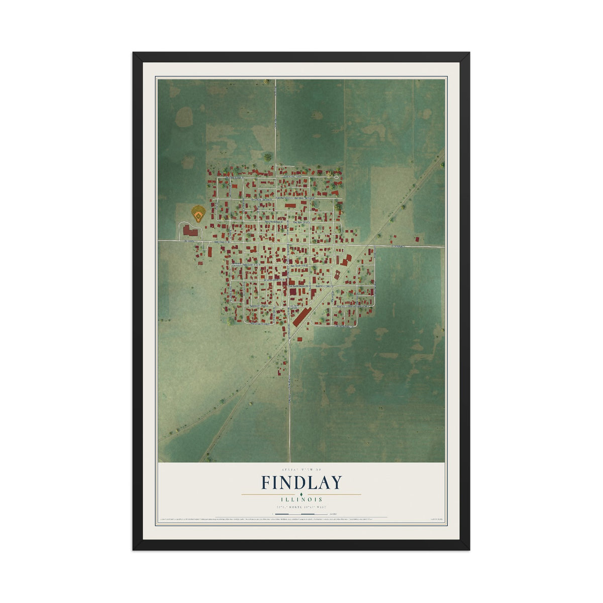 Map of Findlay, Illinois, 12 x 18 inch print in a black wood frame