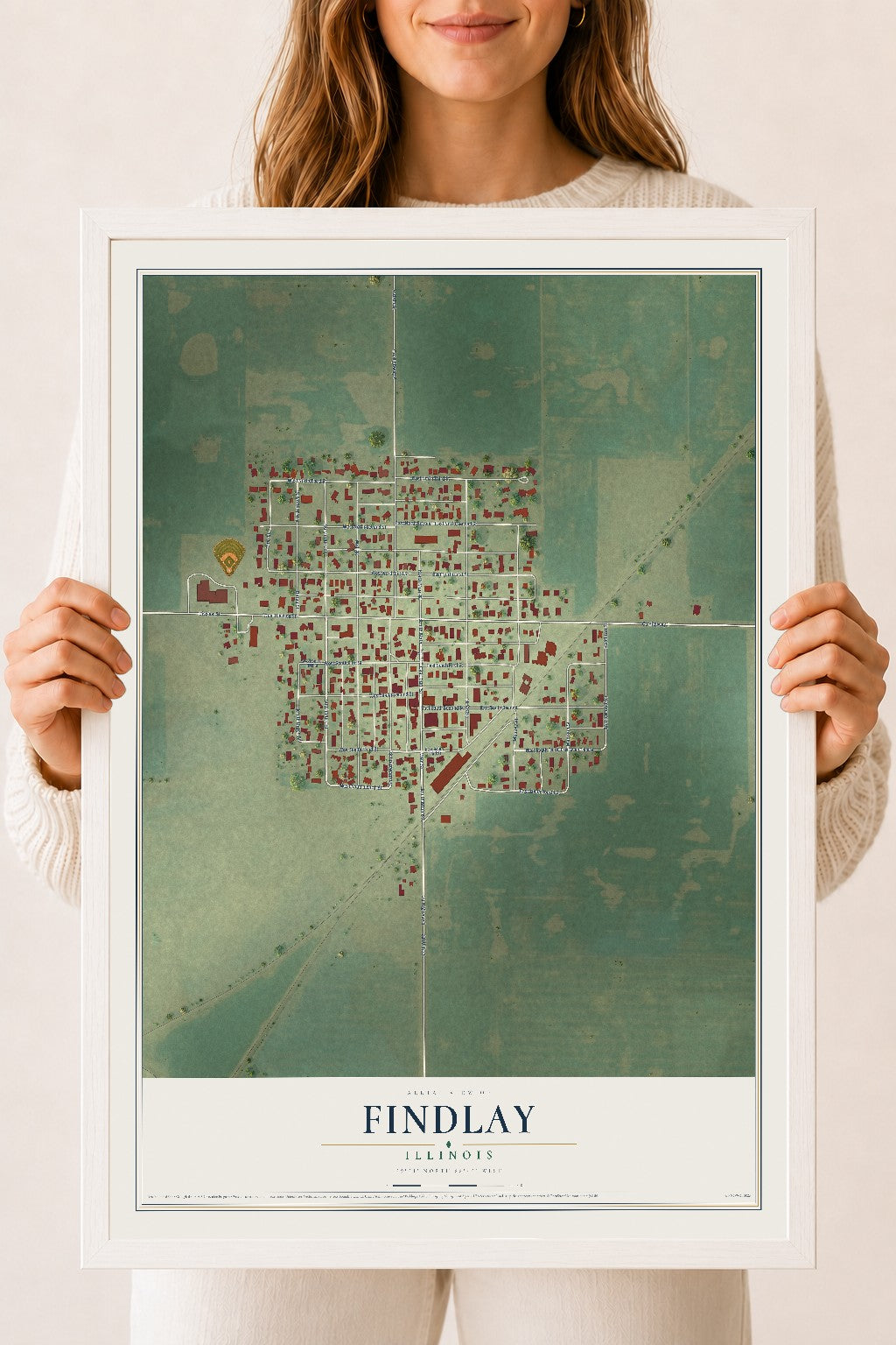 Map of Findlay, Illinois, 18 x 24 inch print in a white wood frame
