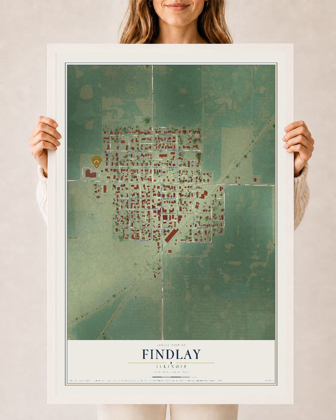 Map of Findlay, Illinois, 24 x 36 inch print in a white wood frame