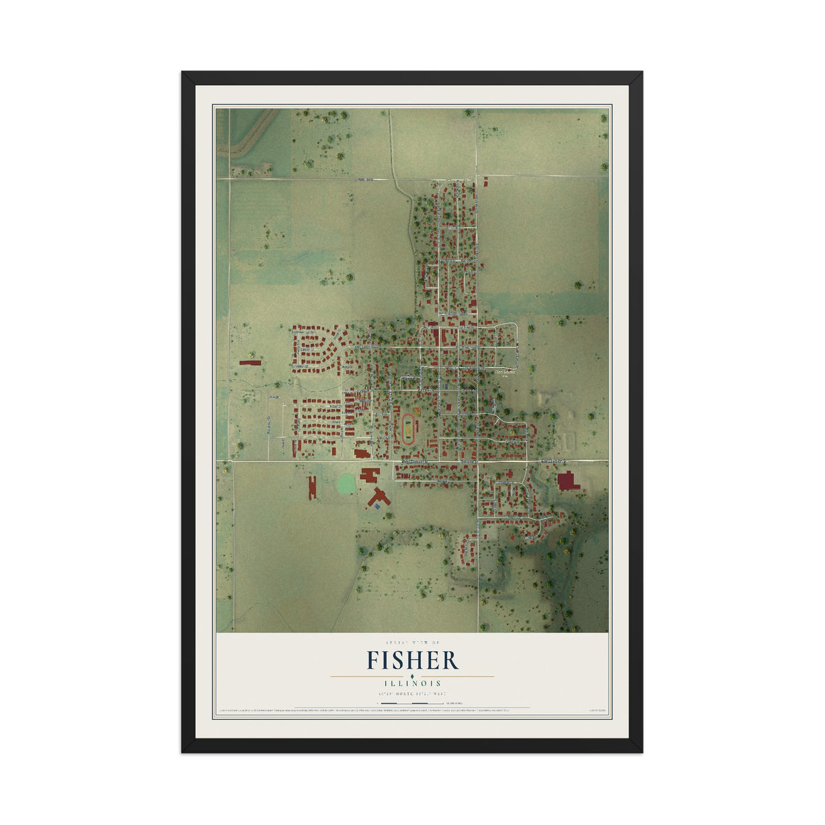 Map of Fisher, Illinois, 12 x 18 inch print in a black wood frame